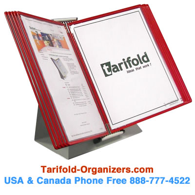 Tarifold desktop organizers can be ordered in all one color. The example shown here is all red tarifold pockets on a desktop display. Tarifold-Organizers.com. 888-777-4522
