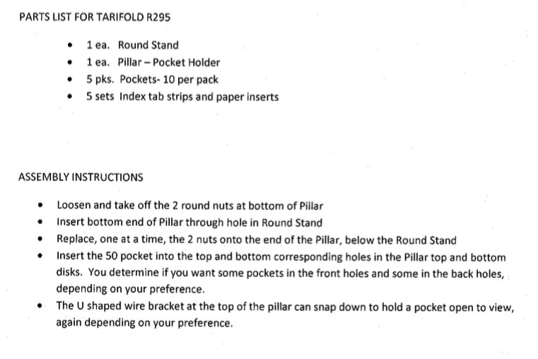 Parts list for tarifold rotary unit.
